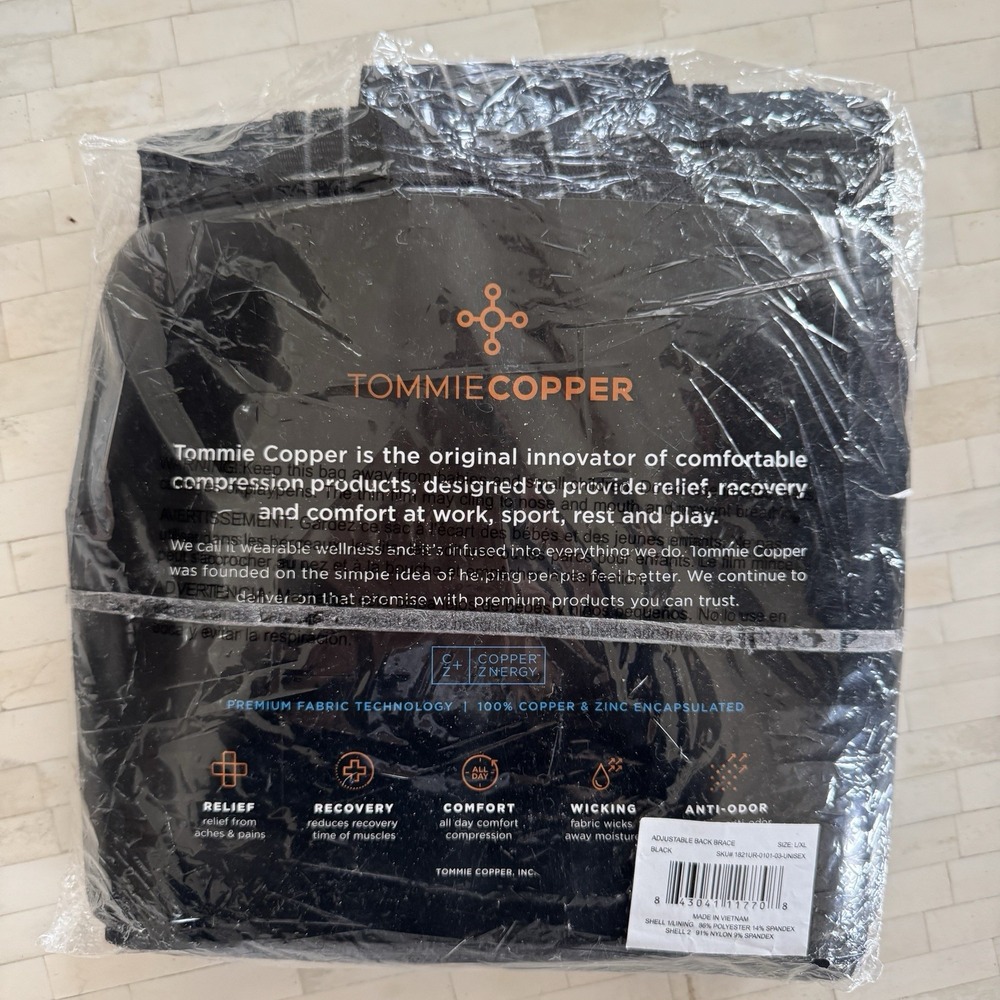 NEW Tommy Tommie Copper Unisex Low Profile Back Brace‎ Black Sz L/XL Pain Relief